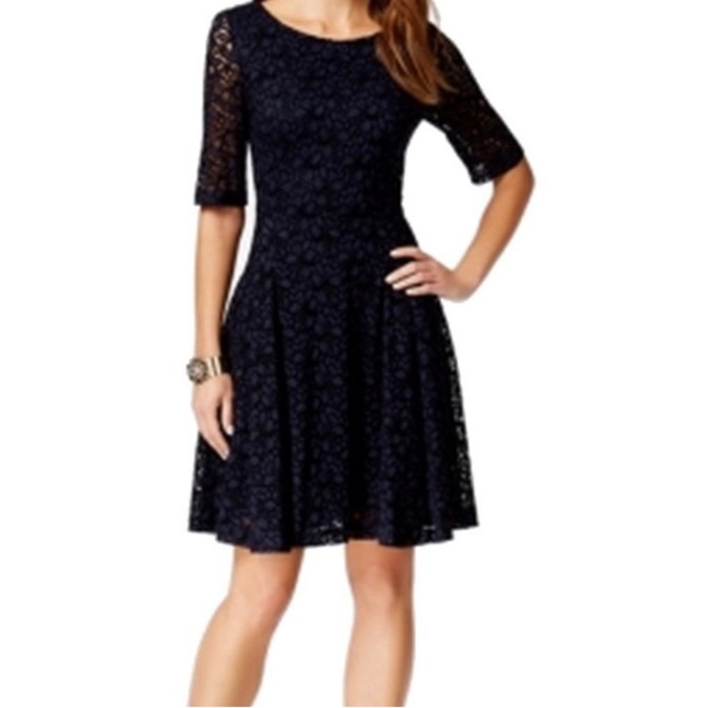 Betsey Johnson navy lace fit and flare dress with 3/4 length sleeves